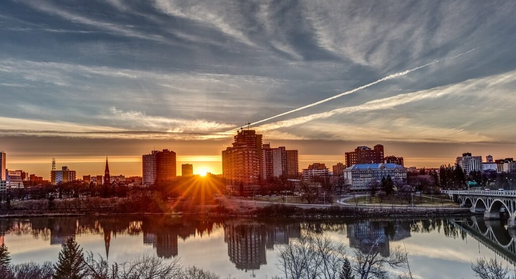 Saskatoon skyline at sunset.